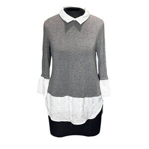 Gray & White 3/4 Sleeve Two-Tone Tunic Top With Collar Size S